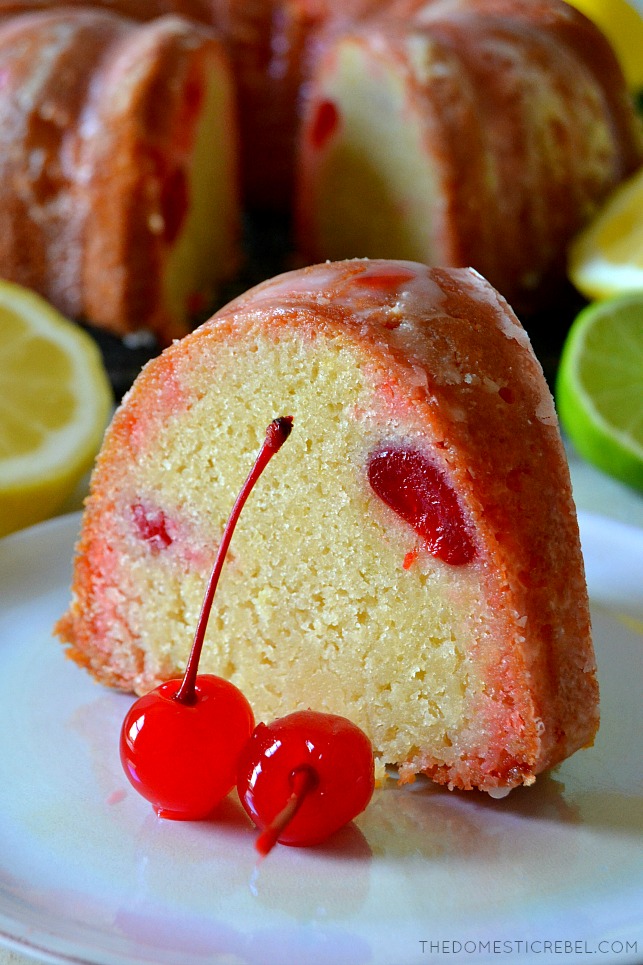 This Shirley Temple Pound Cake is a unique twist on a classic all-butter pound cake! Moist, soft and tender with a dense crumb, it's flavored with lemon lime soda and sweet maraschino cherries for a delightful take on a Shirley Temple! 