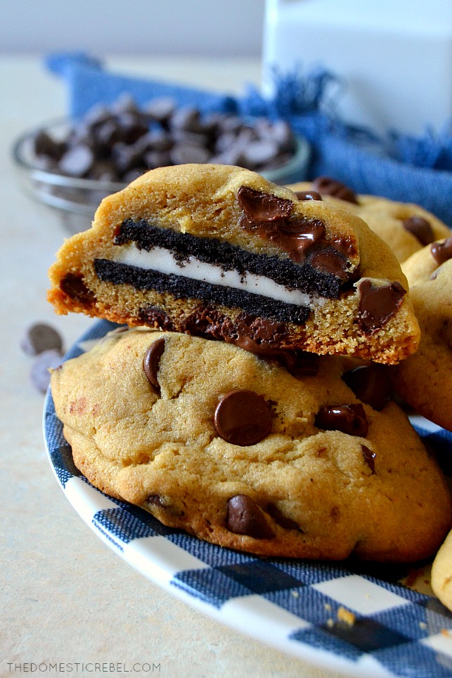 These Oreo Stuffed Chocolate Chip Cookies are unique, tasty, and super easy! Everyone will be blown away that these soft and chewy chocolate chip cookies are filled with an Oreo inside! 