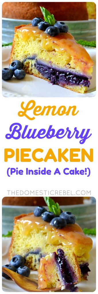 This Lemon Blueberry Piecaken is out of this world AMAZING and so EASY to make! A moist lemon cake is stuffed with an ENTIRE juicy, gooey blueberry pie for an impressive dessert everyone will adore! 