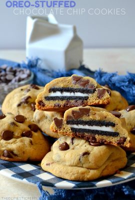These Oreo Stuffed Chocolate Chip Cookies are unique, tasty, and super easy! Everyone will be blown away that these soft and chewy chocolate chip cookies are filled with an Oreo inside!