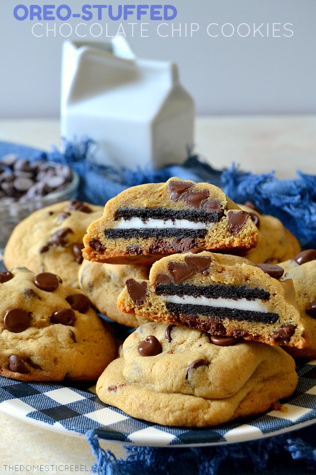 oreo stuffed chocolate chip cookies on blue and white plate