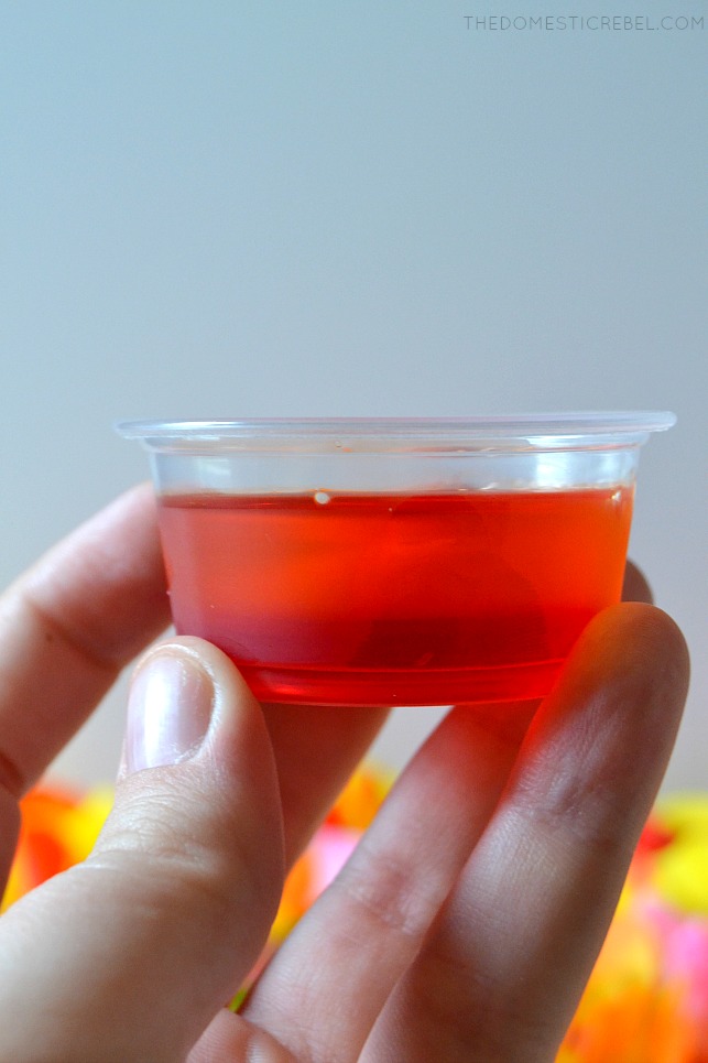 These Tequila Sunrise Jello Shots are the perfect go-to party favor with two layers of delicious tequila-spiked Jello in every cup! These fun, life-of-the-party shots perfectly represent fiery Leos in my Zodiac Cocktail Series! 