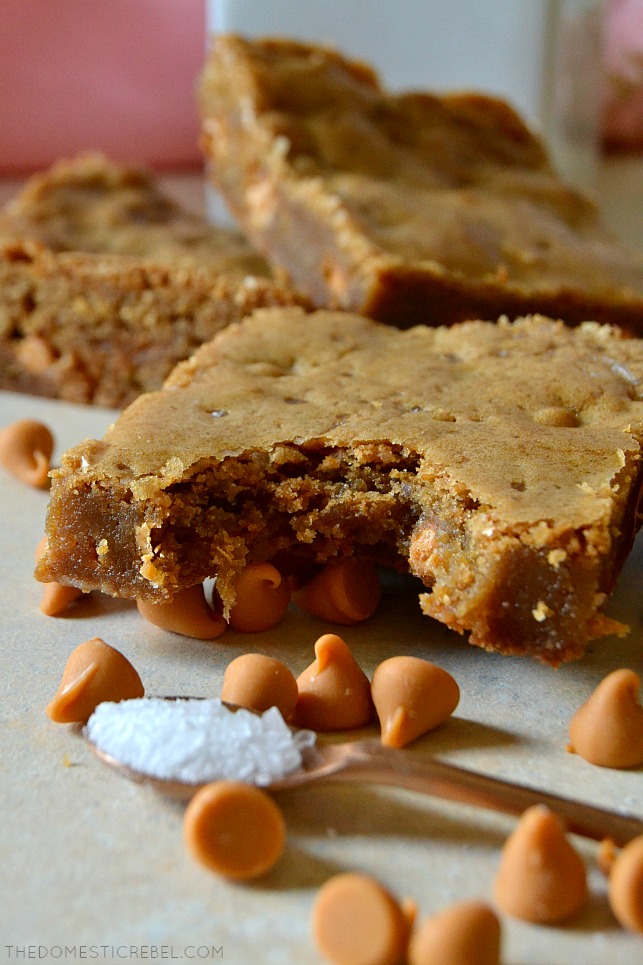 These Salted Butterscotch Blondies are irresistible, addictive and are made in entirely one pan! Buttery, soft and chewy, they're studded with butterscotch chips and sprinkled with sea salt for a delicious sweet and salty bar! 