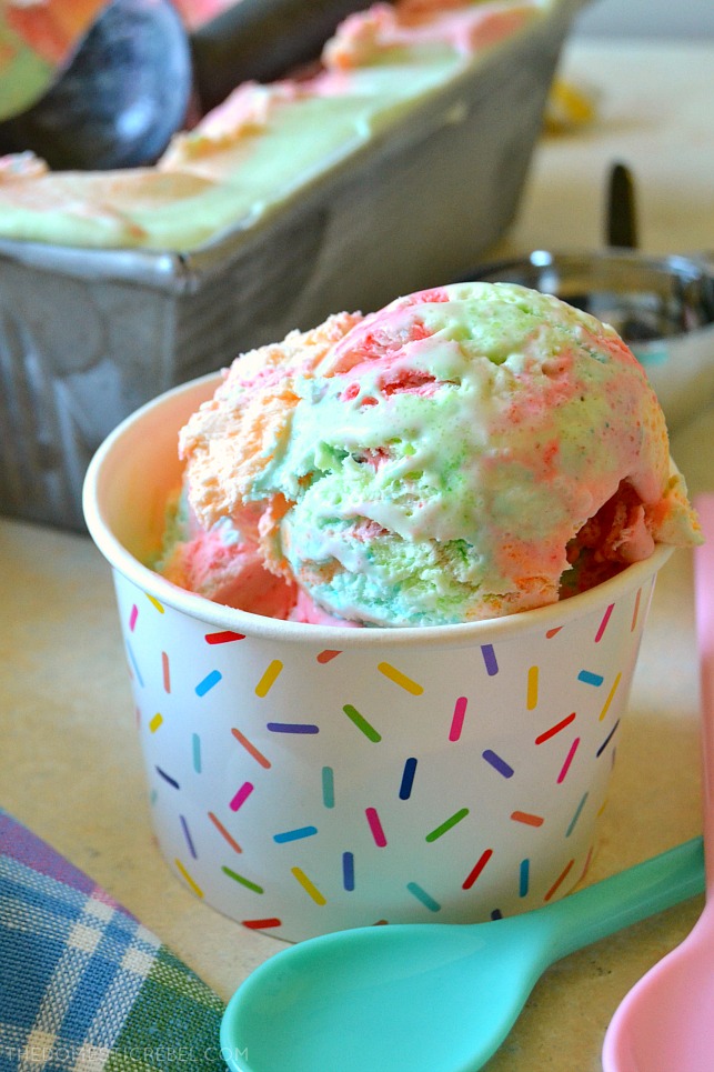 This No-Churn Rainbow Sherbet Ice Cream is SO easy, delicious and made with only 3 ingredients and NO ice cream maker required! Fruity, sweet, colorful and gorgeous, this ice cream will become your new staple! 