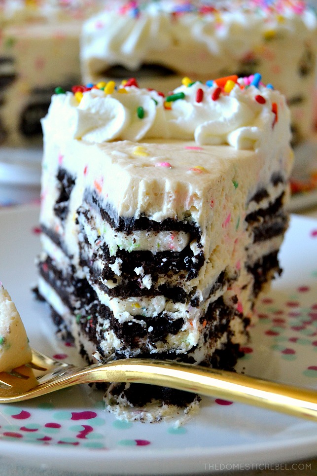 This is the most amazing NO-BAKE Funfetti Oreo Icebox Cake! Layers of birthday cake Oreos and a homemade Funfetti birthday cake mousse make for an ultra easy and super delicious icebox cake everyone will love! 