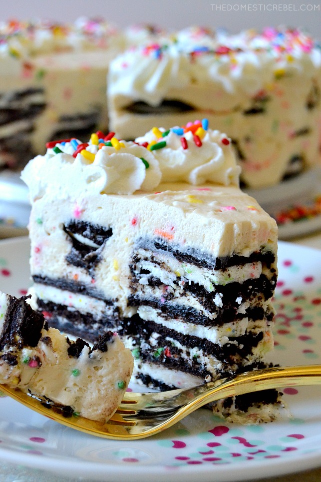 This is the most amazing NO-BAKE Funfetti Oreo Icebox Cake! Layers of birthday cake Oreos and a homemade Funfetti birthday cake mousse make for an ultra easy and super delicious icebox cake everyone will love! 