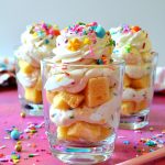 These NO-BAKE BIRTHDAY CAKE PARFAITS are irresistible, easy and SO delicious! Layers of moist cake crumbs and sinfully sweet birthday cake mousse comes together super fast and is great for satisfying your cake craving without even turning on the oven!!