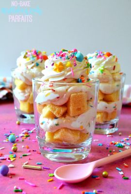 These NO-BAKE BIRTHDAY CAKE PARFAITS are irresistible, easy and SO delicious! Layers of moist cake crumbs and sinfully sweet birthday cake mousse comes together super fast and is great for satisfying your cake craving without even turning on the oven!!