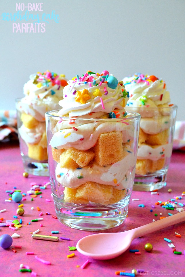 birthday cake parfaits in glasses with sprinkles and a pink spoon