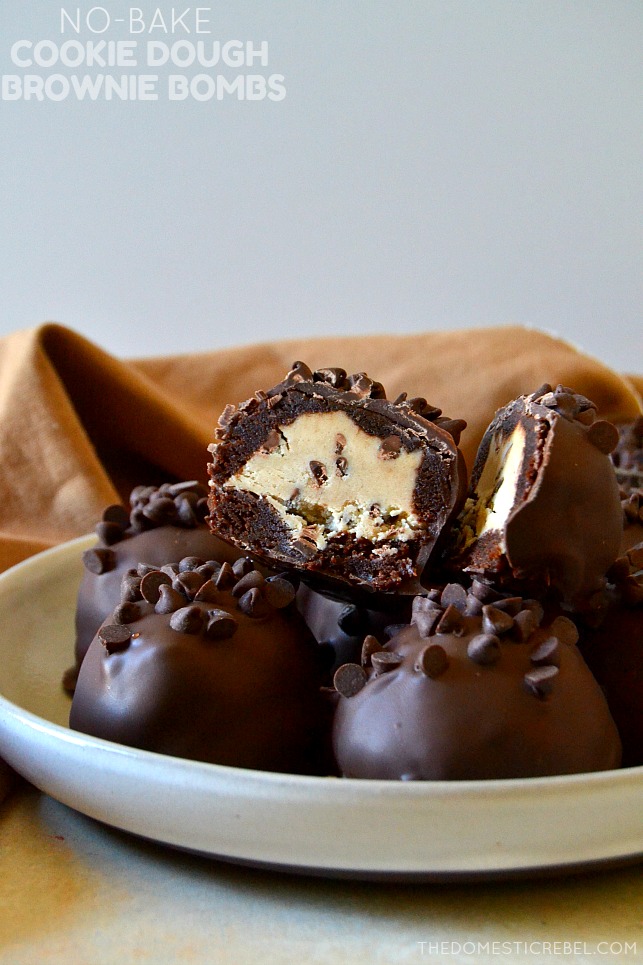 no-bake brownie bombs arranged on white plate