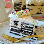 This is the most amazing NO-BAKE Funfetti Oreo Icebox Cake! Layers of birthday cake Oreos and a homemade Funfetti birthday cake mousse make for an ultra easy and super delicious icebox cake everyone will love!