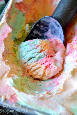 This No-Churn Rainbow Sherbet Ice Cream is SO easy, delicious and made with only 3 ingredients and NO ice cream maker required! Fruity, sweet, colorful and gorgeous, this ice cream will become your new staple!