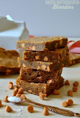These Salted Butterscotch Blondies are irresistible, addictive and are made in entirely one pan! Buttery, soft and chewy, they're studded with butterscotch chips and sprinkled with sea salt for a delicious sweet and salty bar!
