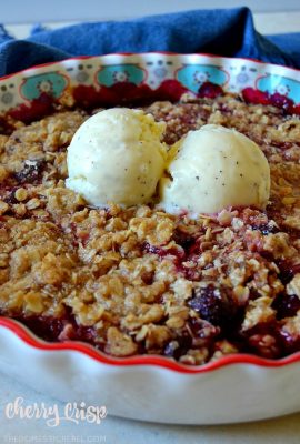 This Super Easy CHERRY CRISP will be the hit of all your summertime soirees! Fresh, juicy, dark Washington cherries baked with a buttery, spiced oat crisp topping for a delicious and simple dessert! Don't forget the ice cream!