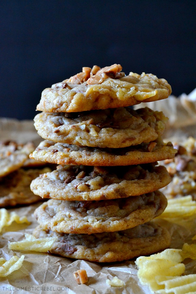 These Potato Chip Toffee Cookies are sweet and salty perfection in one bite! Soft and chewy cookies with crispy potato chips and crunchy toffee bits swirled in every bite. So delicious, unique and decadent! 
