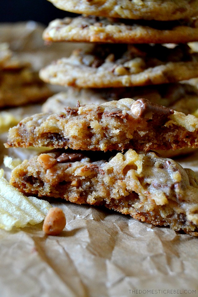 These Potato Chip Toffee Cookies are sweet and salty perfection in one bite! Soft and chewy cookies with crispy potato chips and crunchy toffee bits swirled in every bite. So delicious, unique and decadent! 