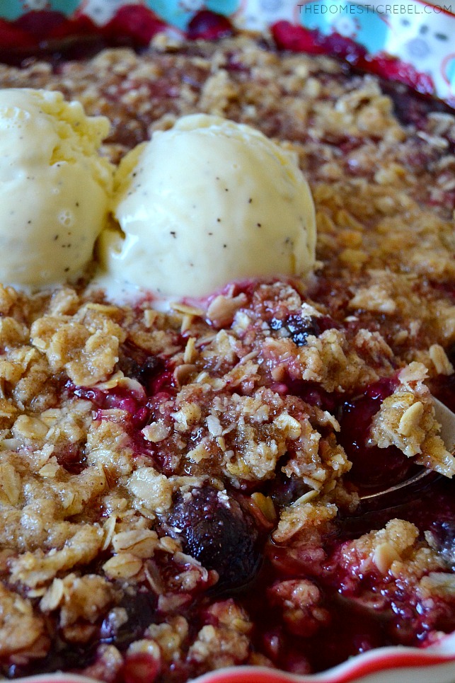 This Super Easy CHERRY CRISP will be the hit of all your summertime soirees! Fresh, juicy, dark Washington cherries baked with a buttery, spiced oat crisp topping for a delicious and simple dessert! Don't forget the ice cream! 