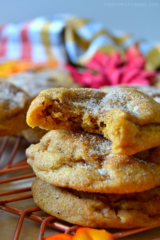 These are the BEST EVER Pumpkin Snickerdoodle Cookies! Soft and chewy with a fluffy interior and tons of delicious pumpkin spice and cinnamon sugar flavors! Makes a big batch and great for gifting! 