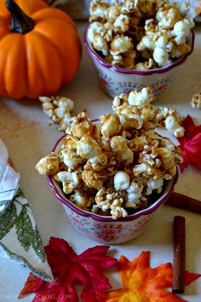 This Pumpkin Spice Caramel Popcorn is an easy, addictive treat everyone will love! Crunchy, crispy, salty popcorn coated in a homemade, gooey & buttery caramel sauce with lots of pumpkin pie spice for a kick! Just try not to eat the whole batch! 
