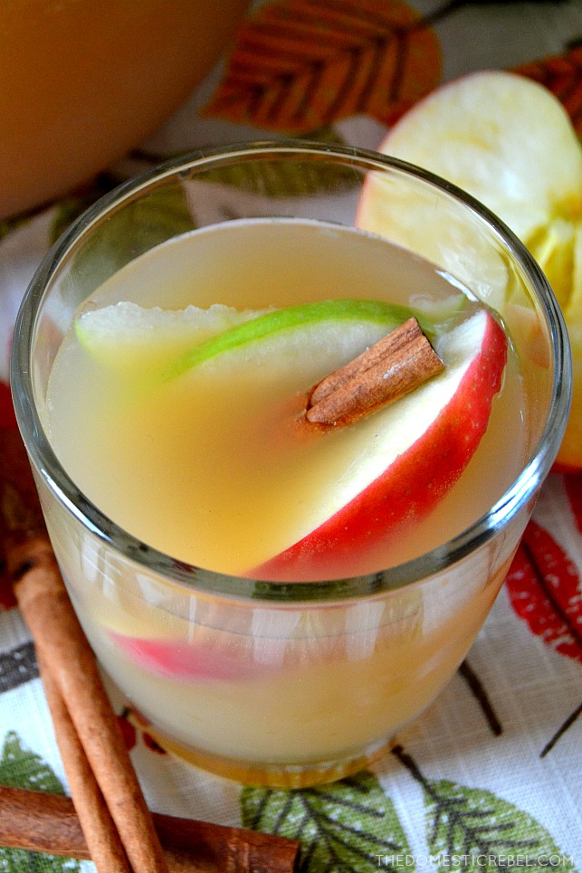 This Apple Cider Sangria is going to be a huge HIT at your next gathering! Sweet, crisp, refreshing and cinnamon-y spiked sangria made with fresh and sparkling apple cider!