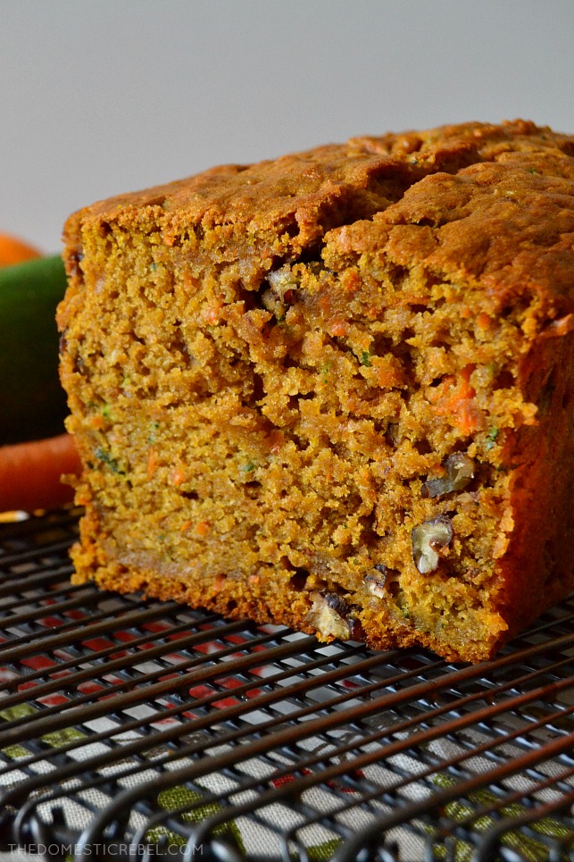 This Autumn Harvest Pumpkin Bread is fantastic! With pumpkin, zucchini, carrots and pecans, this harvest-inspired bread is moist, tender, soft and perfectly spiced! It'll become a new fall family favorite! 