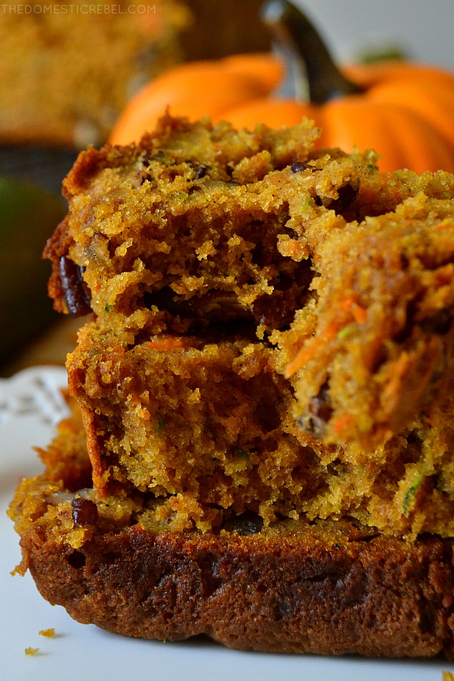 This Autumn Harvest Pumpkin Bread is fantastic! With pumpkin, zucchini, carrots and pecans, this harvest-inspired bread is moist, tender, soft and perfectly spiced! It'll become a new fall family favorite! 