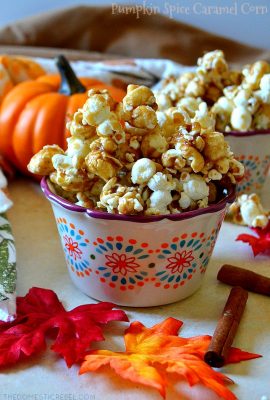 This Pumpkin Spice Caramel Popcorn is an easy, addictive treat everyone will love! Crunchy, crispy, salty popcorn coated in a homemade, gooey & buttery caramel sauce with lots of pumpkin pie spice for a kick! Just try not to eat the whole batch!