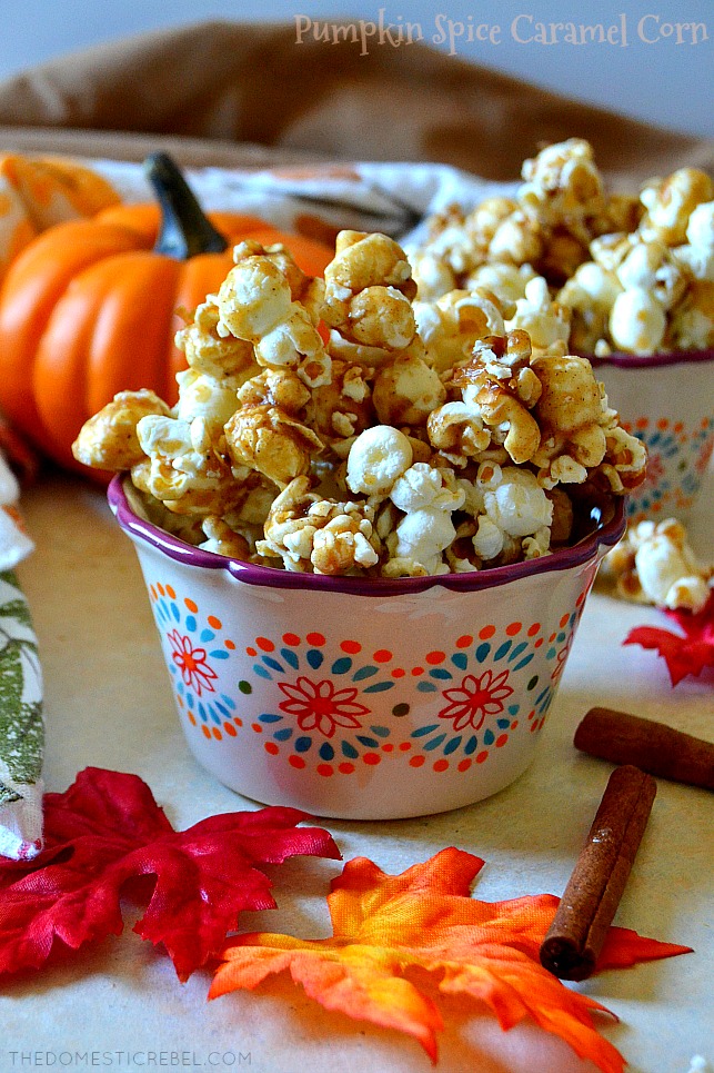 This Pumpkin Spice Caramel Popcorn is an easy, addictive treat everyone will love! Crunchy, crispy, salty popcorn coated in a homemade, gooey & buttery caramel sauce with lots of pumpkin pie spice for a kick! Just try not to eat the whole batch! 