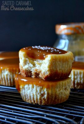 These Salted Caramel Mini Cheesecakes are to-die for! Bite-size creamy cheesecakes topped with buttery salted caramel sauce and a sprinkling of sea salt. Sweet, salty, decadent and so easy to make!