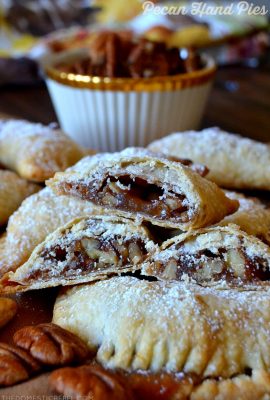 These Air-Fryer Pecan Hand Pies are absolutely irresistible and so easy! Made in either the air-fryer or the oven, these two-bite pies are buttery, flaky and filled with DELICIOUS gooey pecan pie filling! Such a great shortcut for the busy holiday seasons!