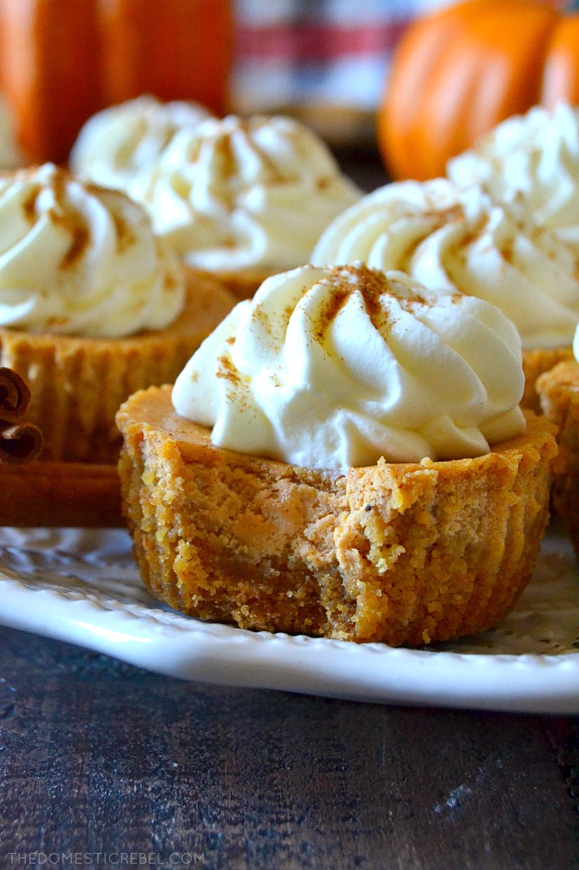 These Mini Pumpkin Cheesecakes are not only adorable, but easy and delicious too! Cool, creamy, and perfectly spiced pumpkin cheesecakes with a buttery graham cracker crust and freshly whipped cream! Perfect for the holidays! 