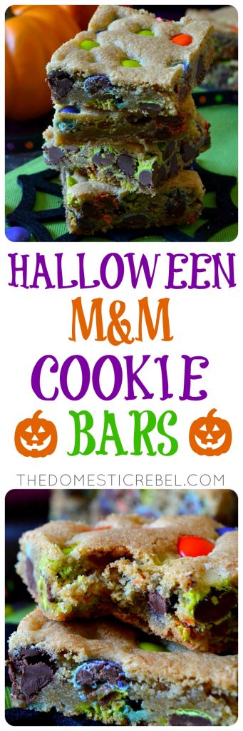 These Halloween M&M Cookie Bars are like deep dish chocolate chip cookies! Soft, chewy, buttery and chocolaty with festive Halloween M&M's candies and lots of flavor! Great for feeding a crowd! 