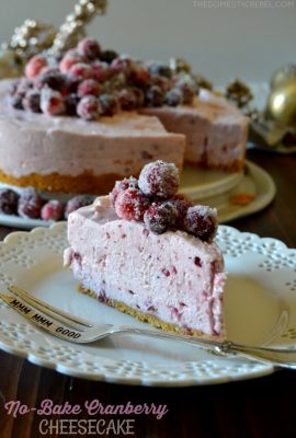 This No-Bake Cranberry Cheesecake is for serious cranberry lovers! Sweet, light and fluffy, it's made with whole berry cranberry sauce for a tasty, tart and tangy cheesecake topped with beautiful sugared cranberries!