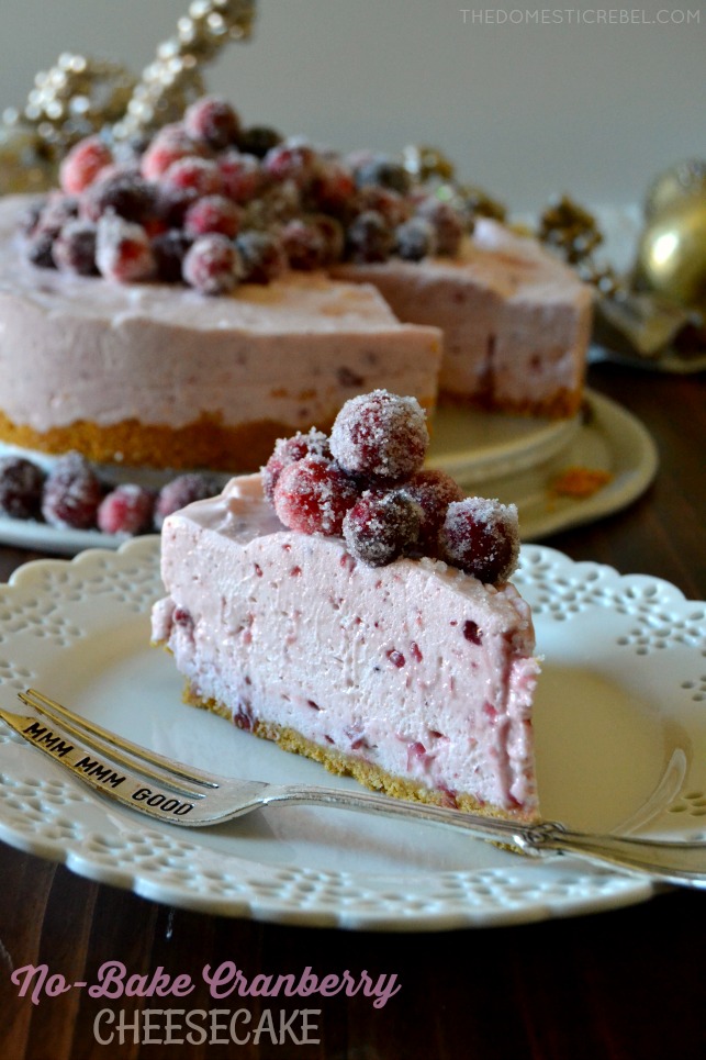 no-bake cranberry cheesecake on white plate with silver fork