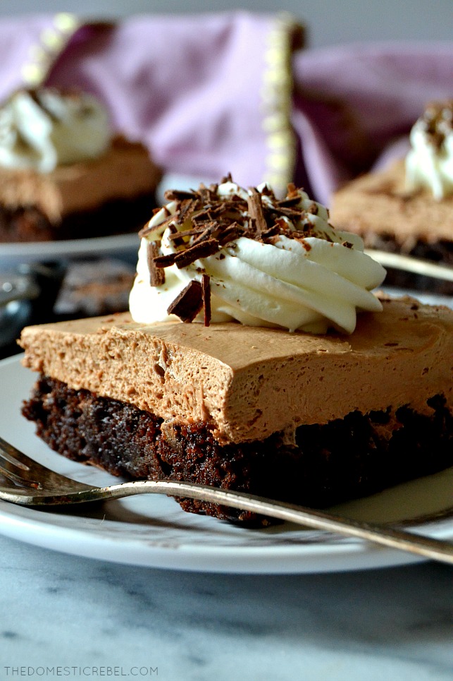 french silk pie brownie on marble plate with antique fork