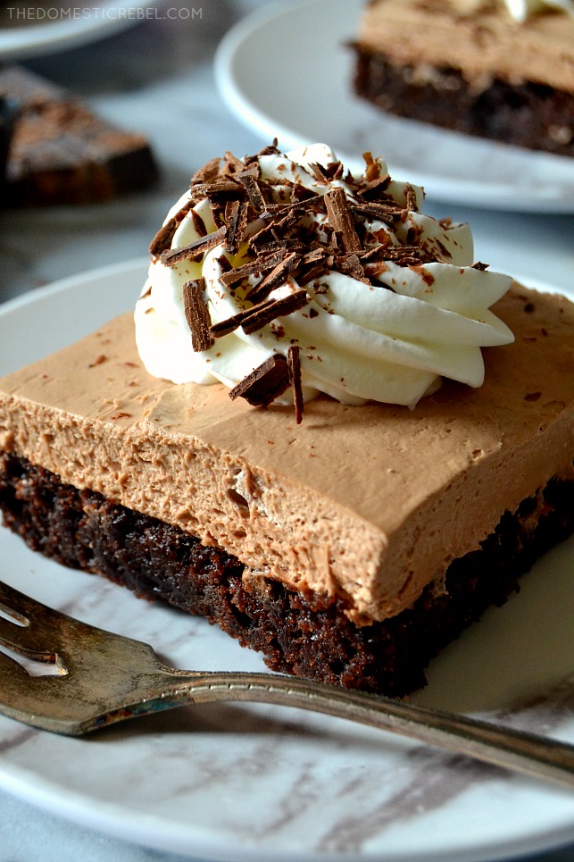 closeup of french silk pie brownie on a plate with fork