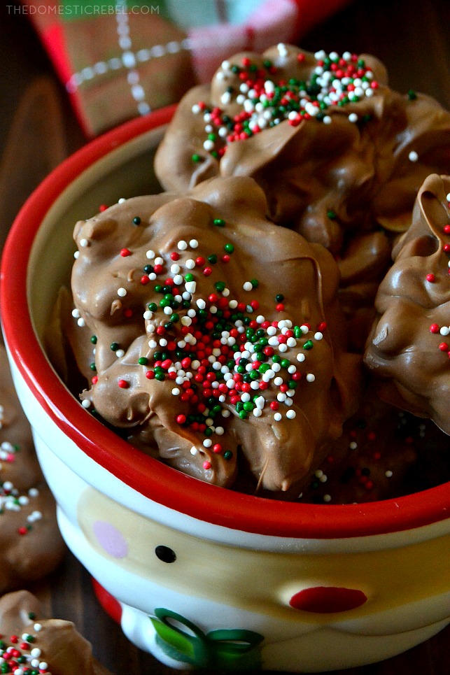 crockpot candy in pile in santa head bowl