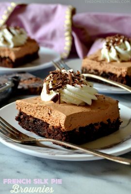 These French Silk Pie Brownies are a unique and delicious mashup between French silk pie and fudge brownies! A moist and fudgy brownie base topped with a light and fluffy French silk pie mousse! Crowd-pleasing, easy and divine!