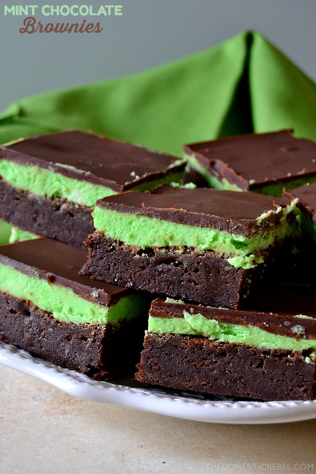 perfect mint chocolate brownies on white plate with green fabric