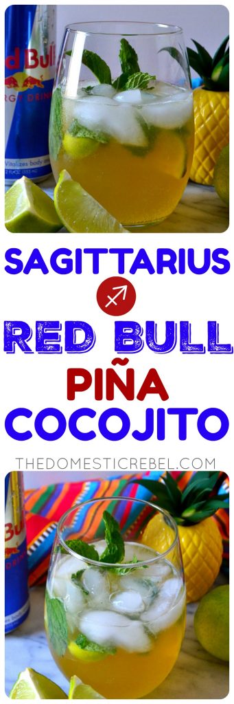 This Red Bull Piña Cocojito is a delicious twist between a piña colada and mojito with a Red Bull punch! Perfect for energetic, on-the-go traveling Sagittarius in my Zodiac Cocktail Series! 