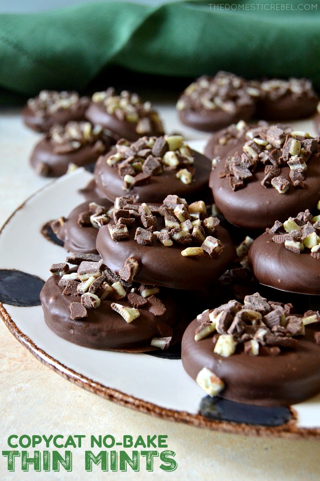 no-bake thin mints arranged on black and white plate with green fabric