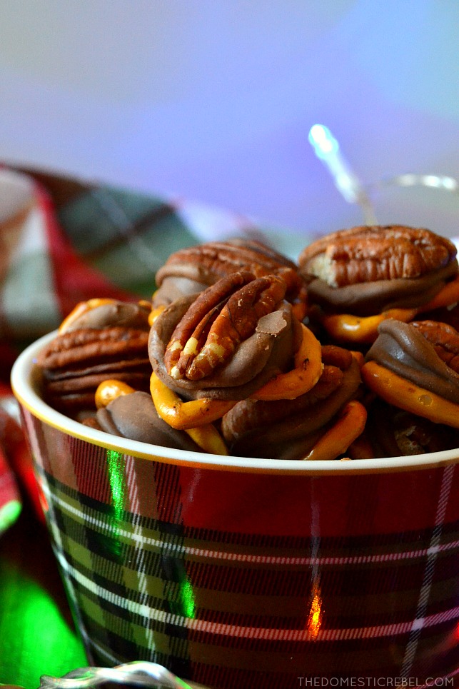 pretzel turtle candies in plaid bowl with xmas lights
