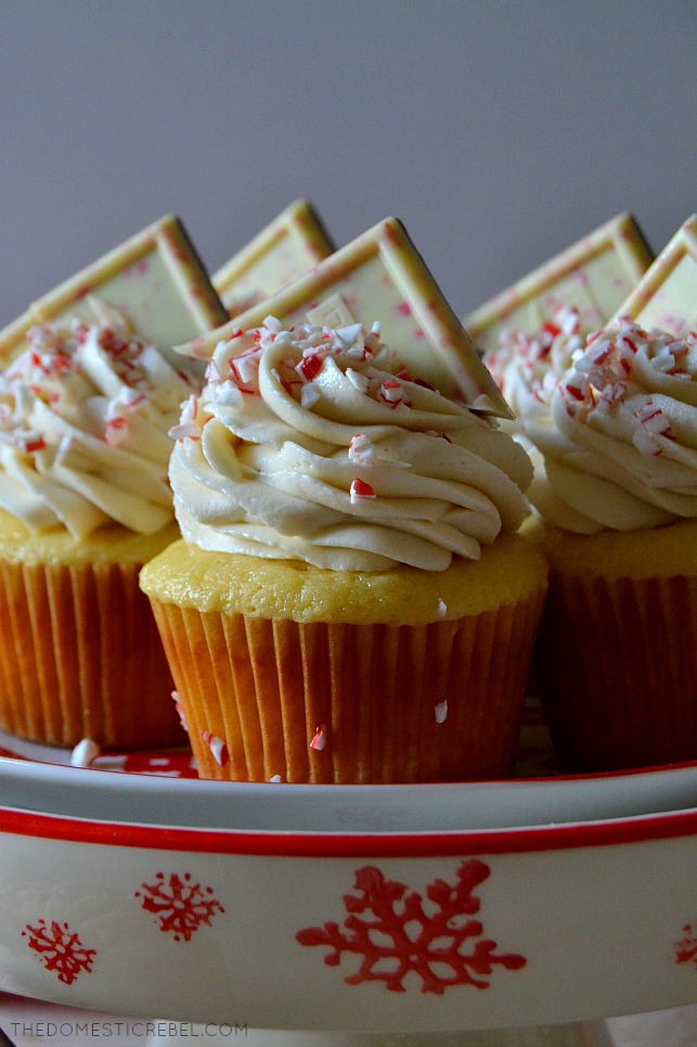 white chocolate peppermint cupcakes arranged on cake stand
