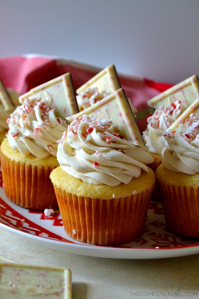 white choc peppermint cupcakes on red and white plate