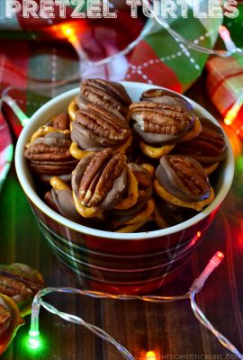 These 3-Ingredient Pretzel Turtles are the EASIEST Christmas candy to make! Just three simple ingredients you probably have make an irresistible sweet and salty chocolate/caramel/pretzel flavor bomb in minutes! Plus, it makes a big batch!