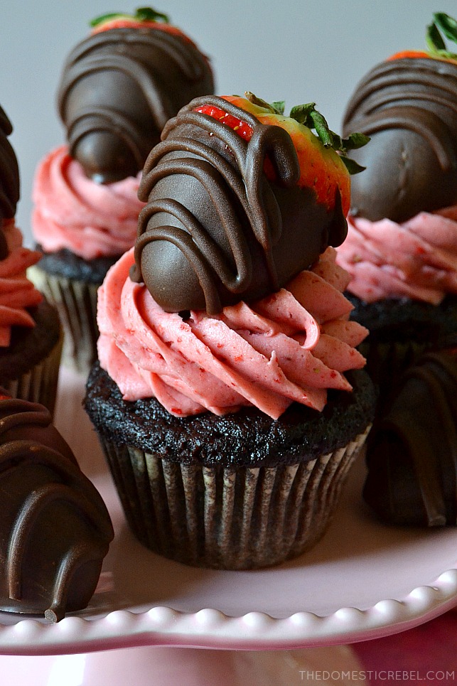 These Chocolate-Covered Strawberry Cupcakes are easy, beautiful and super tasty with a moist chocolate cupcake base, a real strawberry buttercream and a fresh chocolate-covered strawberry on top! 