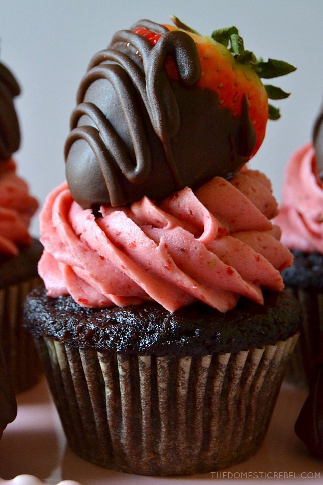 closeup of a chocolate covered strawberry cupcake