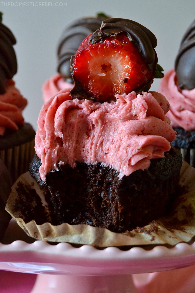 chocolate covered strawberry cupcake with bite missing