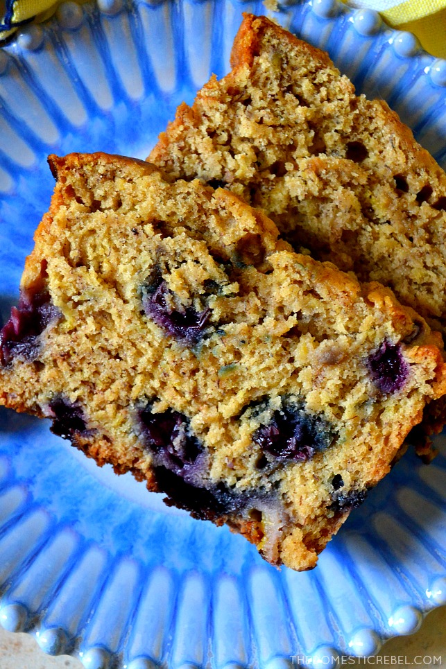 blueberry banana bread slices on blue plate