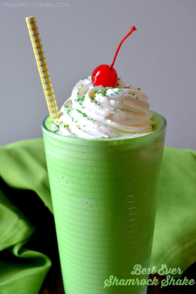 copycat shamrock shake in glass with straw and cherry